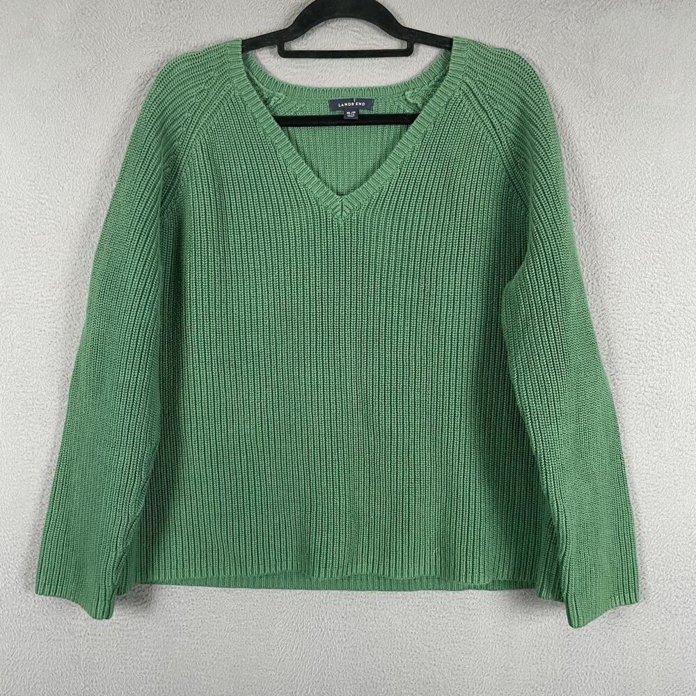 Lands End Sweater Womens XL Petite Green Cotton V Neck Chunky Knit Pullover